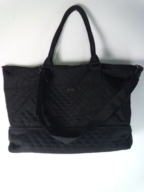 Black Quilted Weekender Travel Tote Gym Bag  Shoulder Strap Carry-on Lightweight